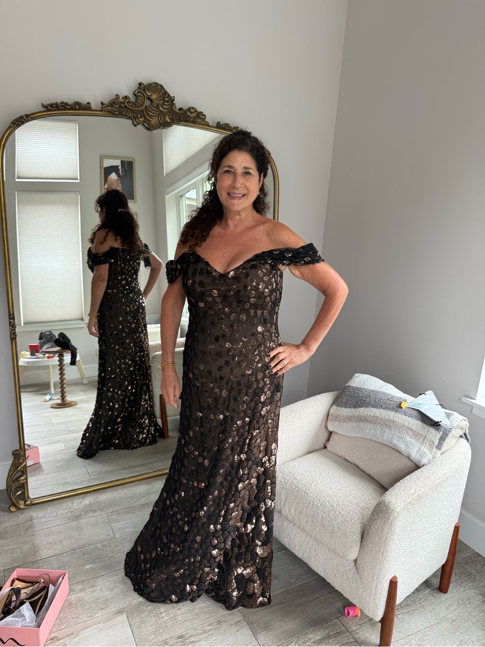 Off-Shoulder Rene Ruiz Bronze Evening Gown